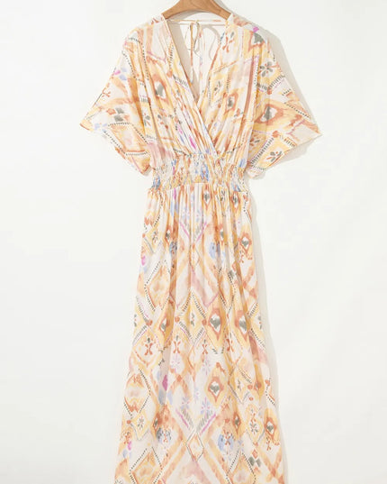 Printed Half Sleeve Shirred High Waist Maxi Dress