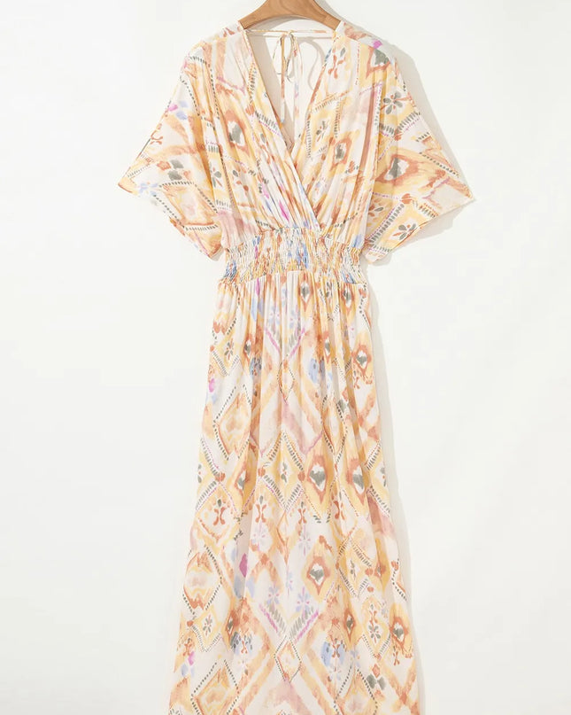 Printed Half Sleeve Shirred High Waist Maxi Dress