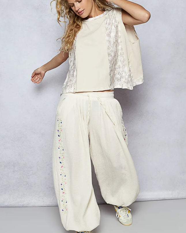 POL Round Neck Sleeveless Top with Floral Contrast