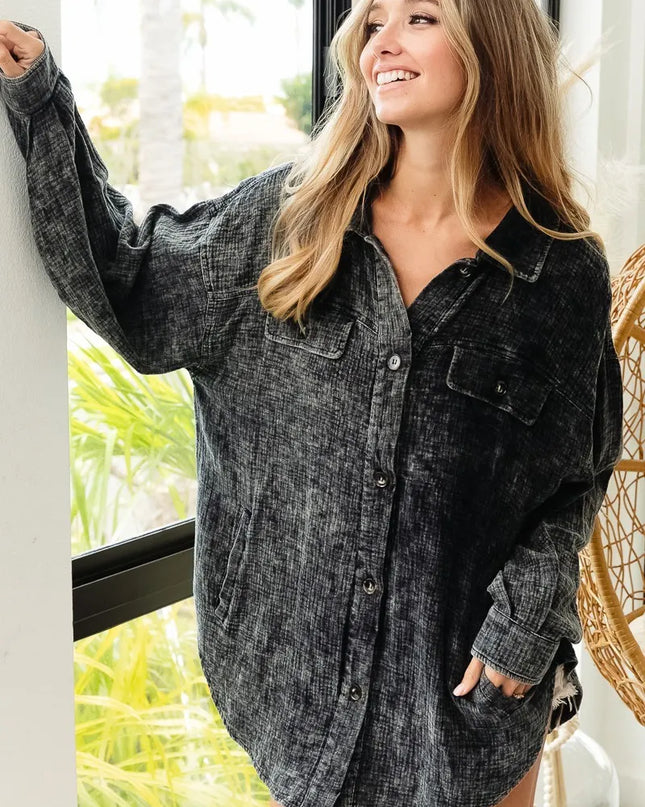 BiBi Vintage Washed Wrinkle Gauze Shacket