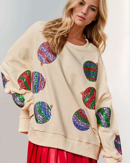 Double Take Christmas Element Sequin Round Neck Long Sleeve Sweatshirt Cream