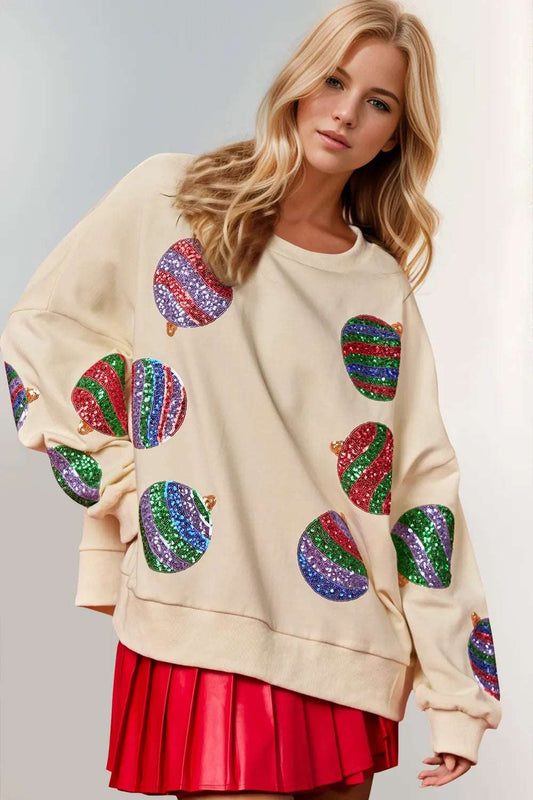 Double Take Christmas Element Sequin Round Neck Long Sleeve Sweatshirt Cream