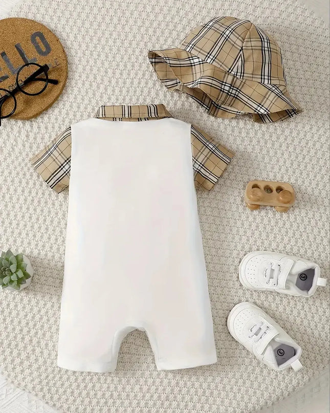 Children's Hat and Plaid Short Sleeve One-Piece Romper