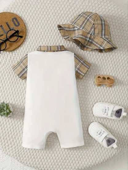 Children's Hat and Plaid Short Sleeve One-Piece Romper