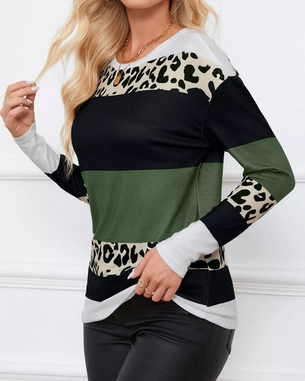 Leopard Color Block Striped Knit Top