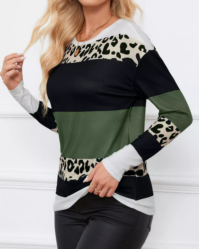 Leopard Color Block Striped Knit Top