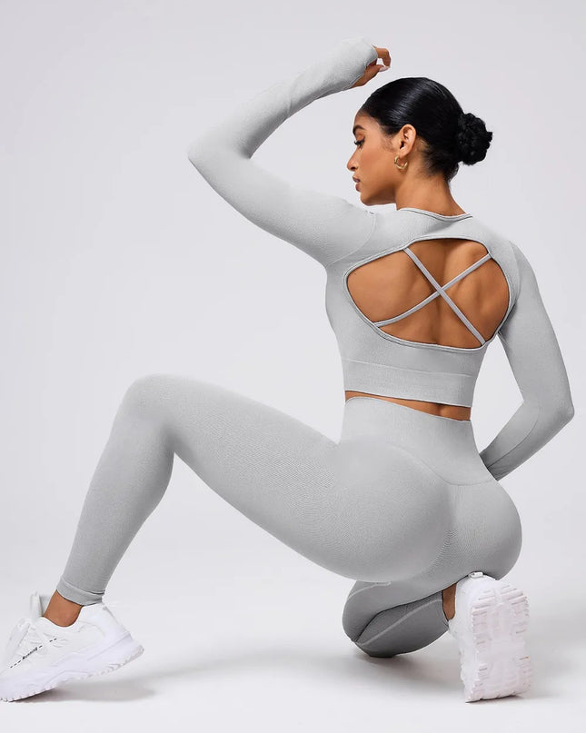 Back Crisscross Round Neck Long Sleeve Top and Leggings Active Set 