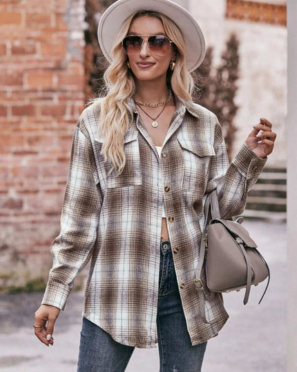 Plaid Button-Down Long Sleeve Shirt Coffee
