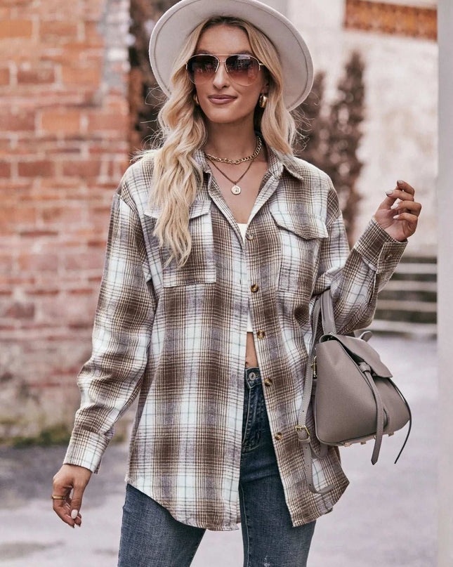 Plaid Button-Down Long Sleeve Shirt Coffee