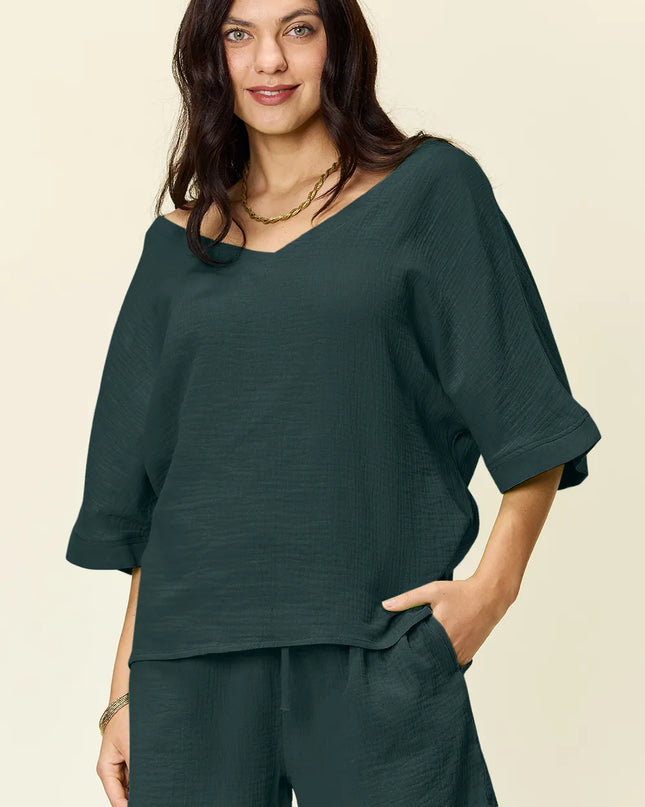 Double Take Texture Half Sleeve T-Shirt and Drawstring Shorts Set Deep Teal