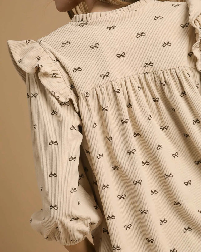 Umgee Bow Print Corduroy Puff Sleeve Blouse with Ruffled