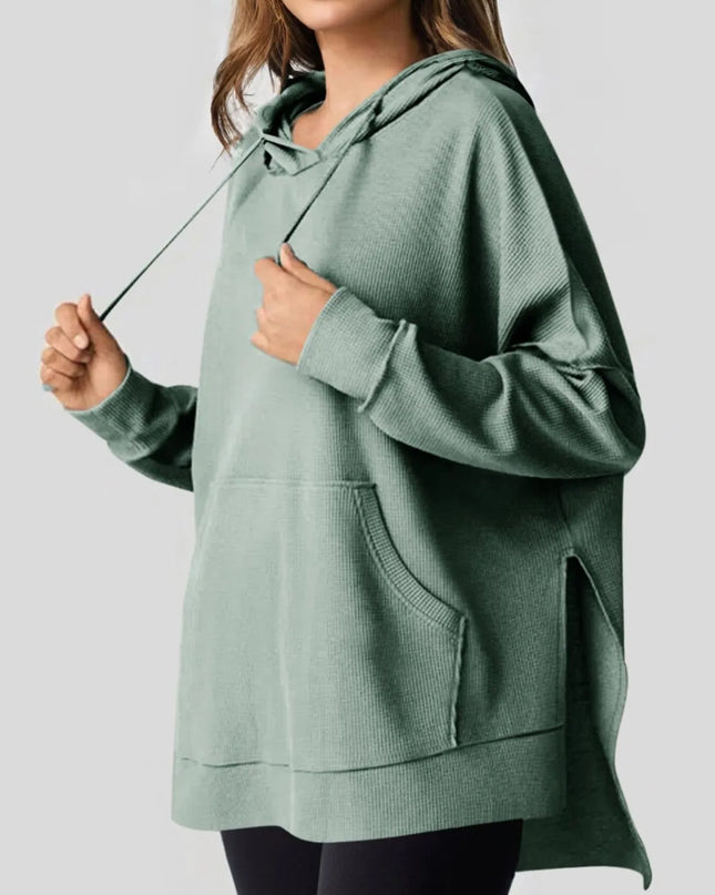 Slit Drawstring Waffle Knit Hoodie