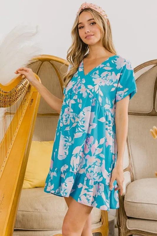 BiBi Floral Crinkle Shirred Ruffle Detail V Neck Dress