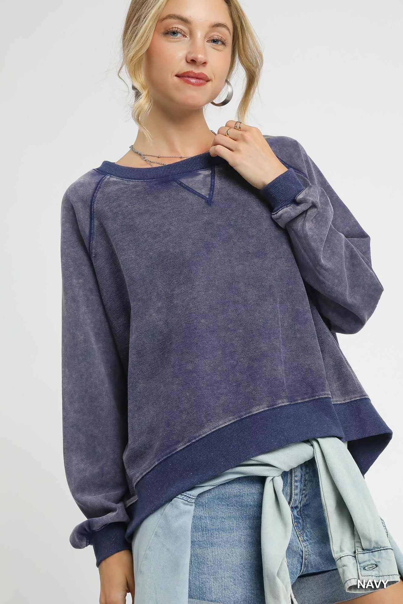 Umgee Mineral Wash French Terry Sweatshirt Navy