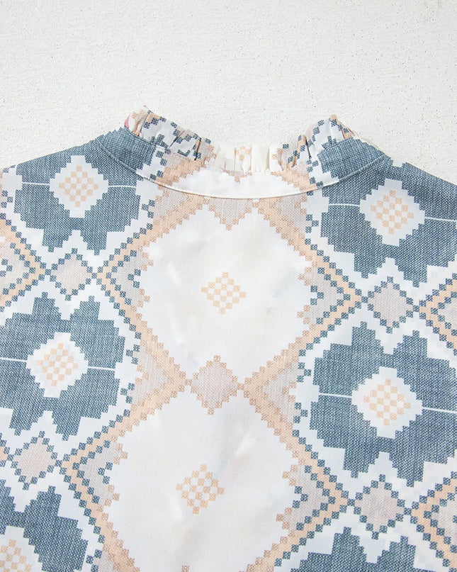 Bohemian Geometric Print Blouse with Tassel Tie