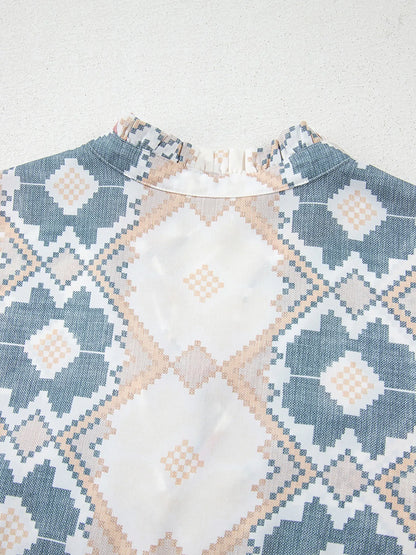Bohemian Geometric Print Blouse with Tassel Tie
