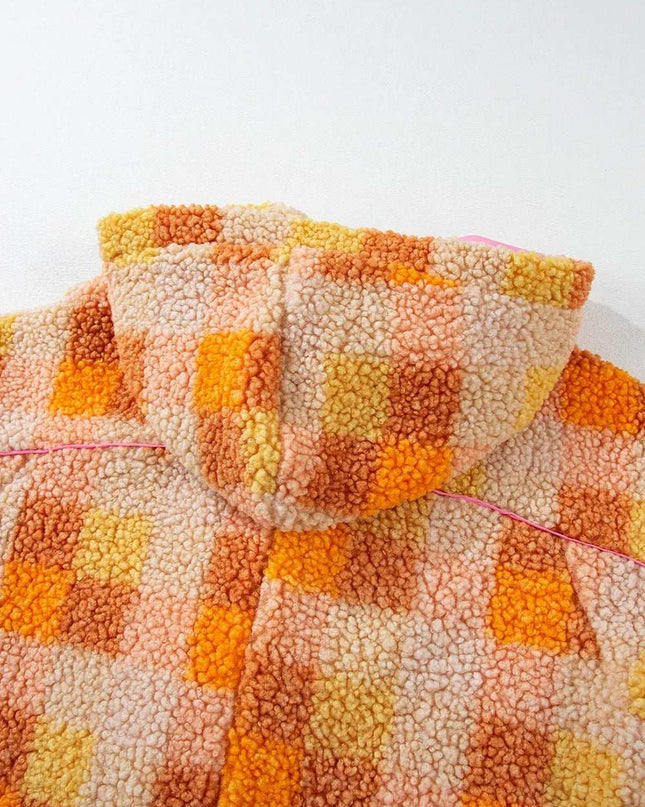 Checkered Long Sleeve Sherpa Hooded Jacket