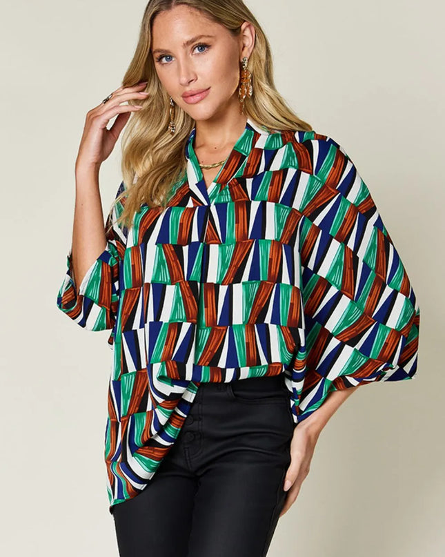 Double Take Full Size Geometric Notched Dolman Sleeve Top Turquoise