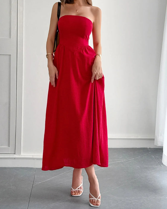 Strapless A-Line Midi Dress with Pockets 