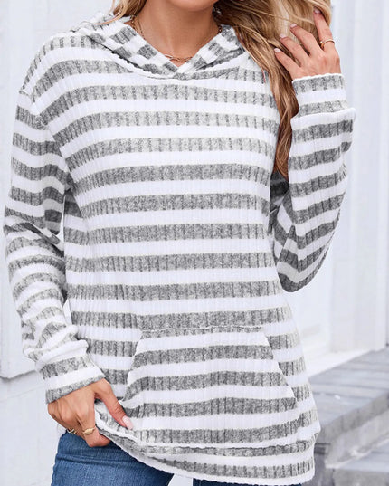 Striped Ribbed Knit Hoodie with Kangaroo Pocket