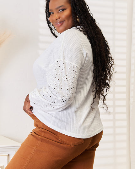 Shiny Eyelet Dropped Shoulder Round Neck Blouse