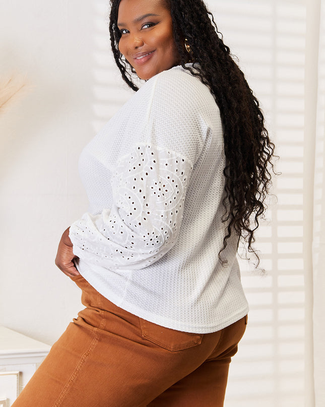 Shiny Eyelet Dropped Shoulder Round Neck Blouse