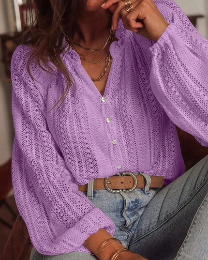 Crochet Notched Button-Front Shirt Purple