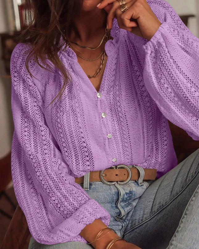 Crochet Notched Button-Front Shirt Purple