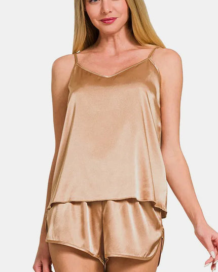 Zenana V-Neck Satin Cami and Elastic Waist Shorts Lounge Set Brush