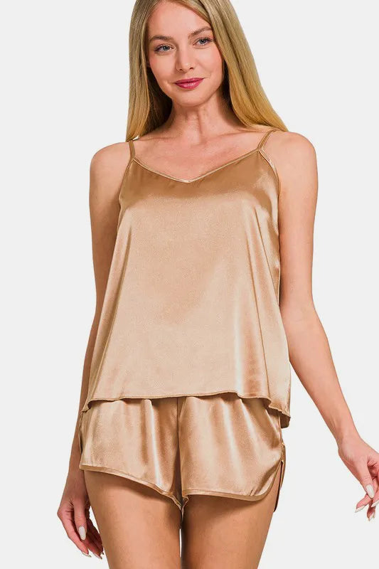Zenana V-Neck Satin Cami and Elastic Waist Shorts Lounge Set Brush