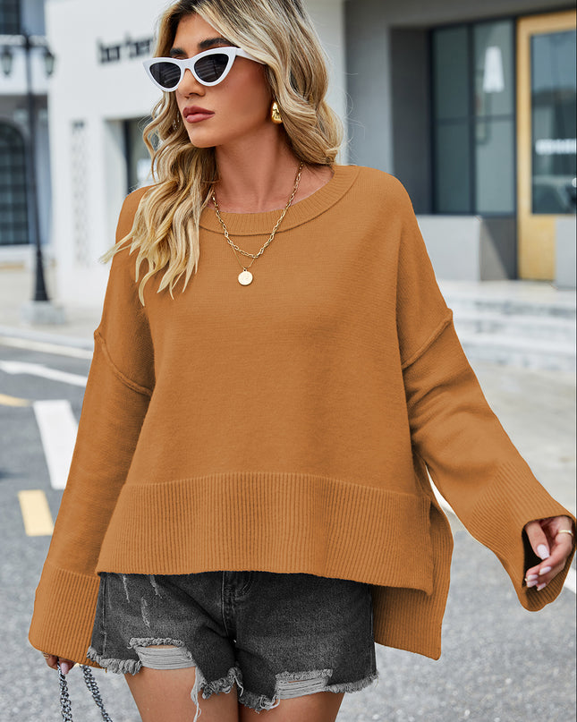 Round Neck Dropped Shoulder Slit Sweater