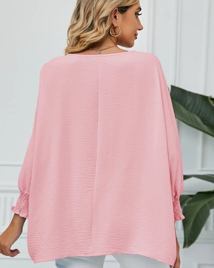 Smocked Lantern Sleeve Round Neck Blouse