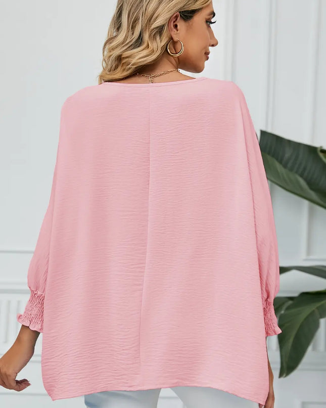 Smocked Lantern Sleeve Round Neck Blouse