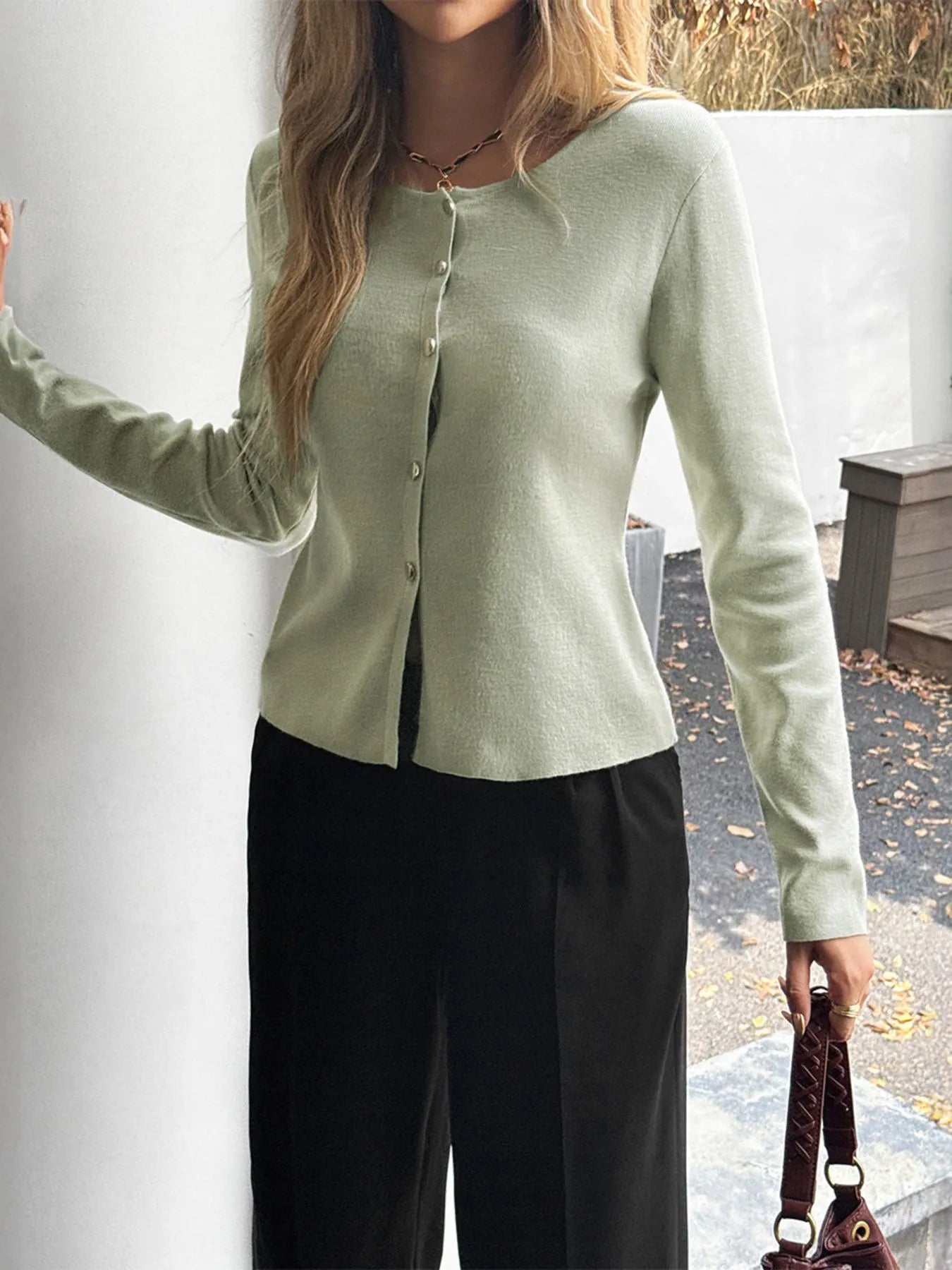 Button-Up Long Sleeve Knit Cardigan