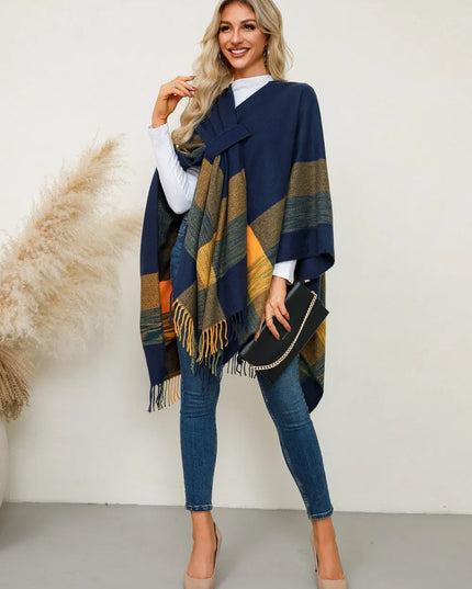 Fringe Contrast Plaid Poncho
