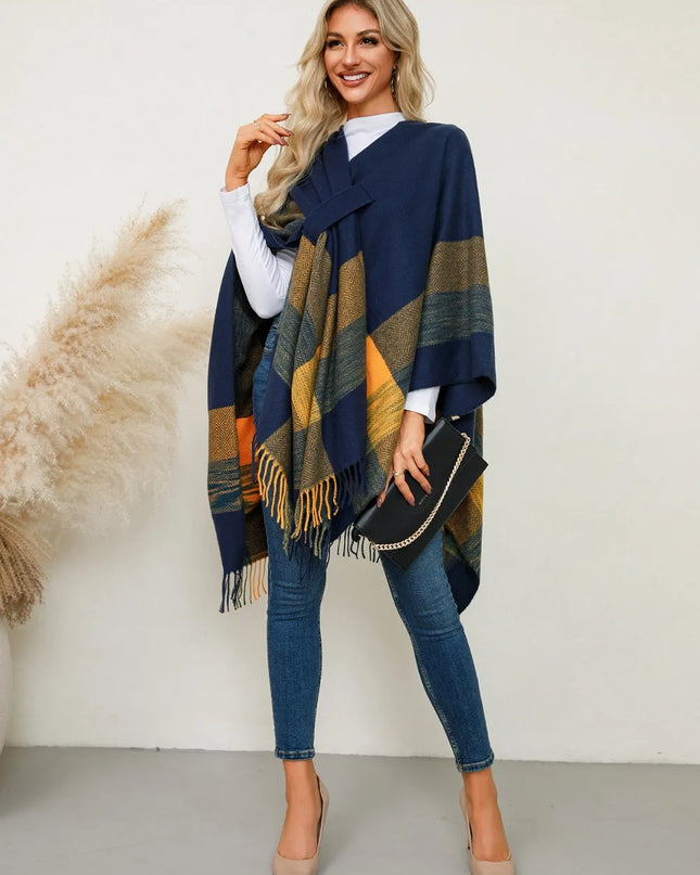 Fringe Contrast Plaid Poncho