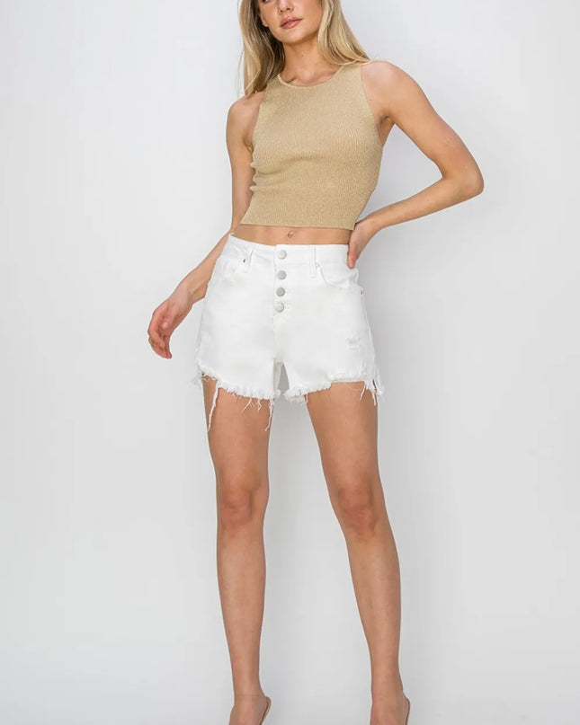 RISEN Button Fly Frayed Hem Denim Shorts 