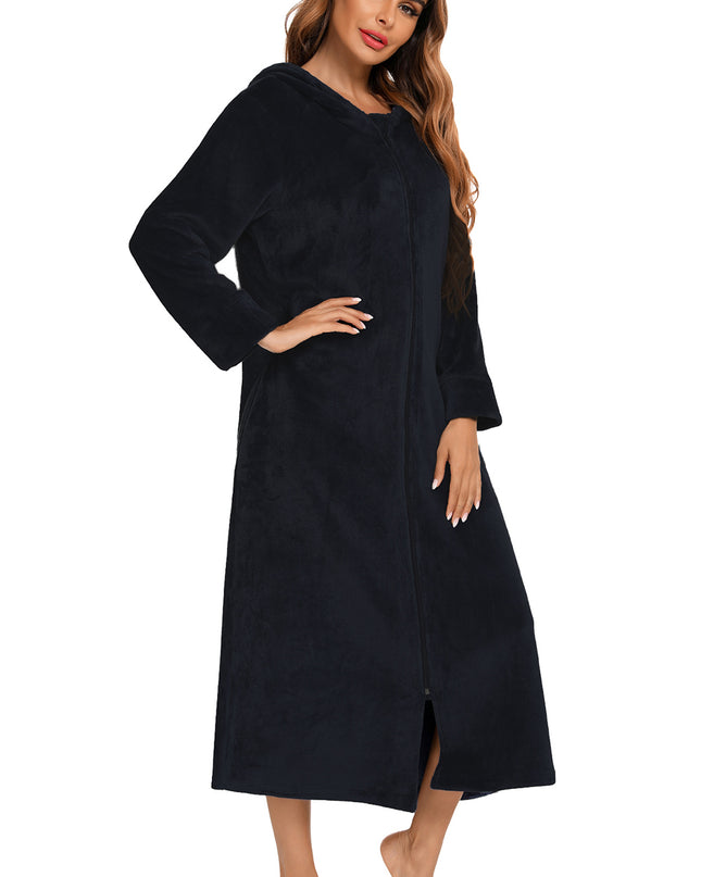Zip Front Hooded Night Dress with Pockets
