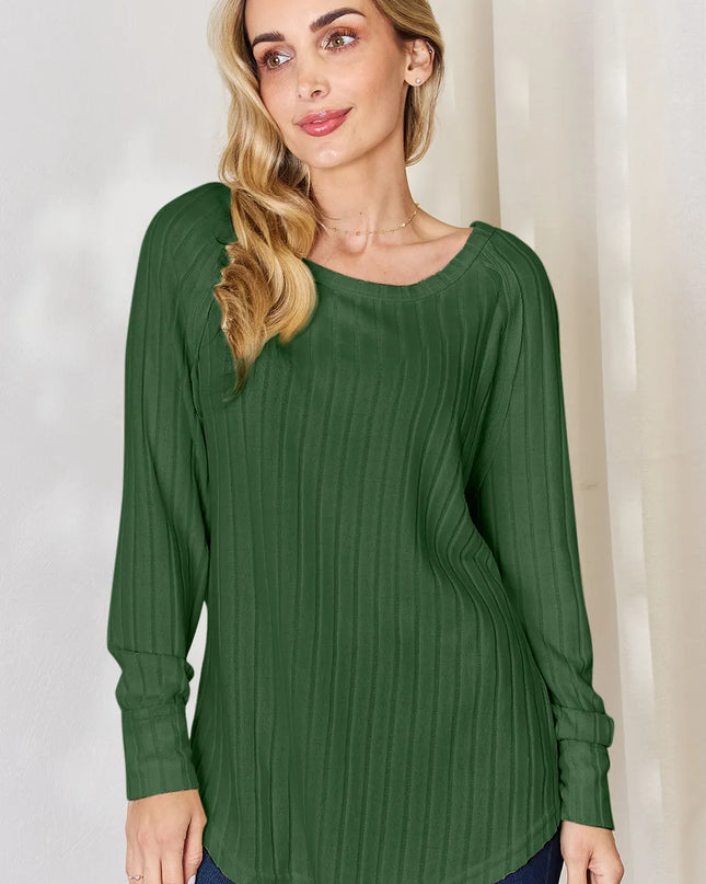 Basic Bae Full Size Ribbed Round Neck Slit T-Shirt Green