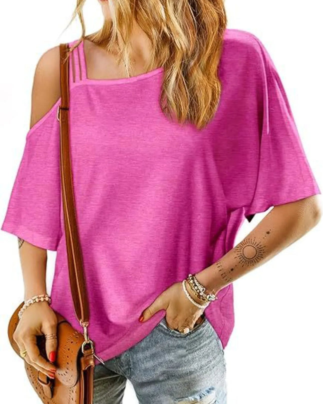 Asymmetrical Neck Half Sleeve T-Shirt Hot Pink