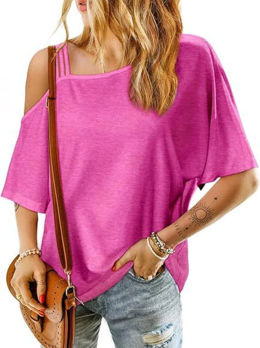 Asymmetrical Neck Half Sleeve T-Shirt Hot Pink