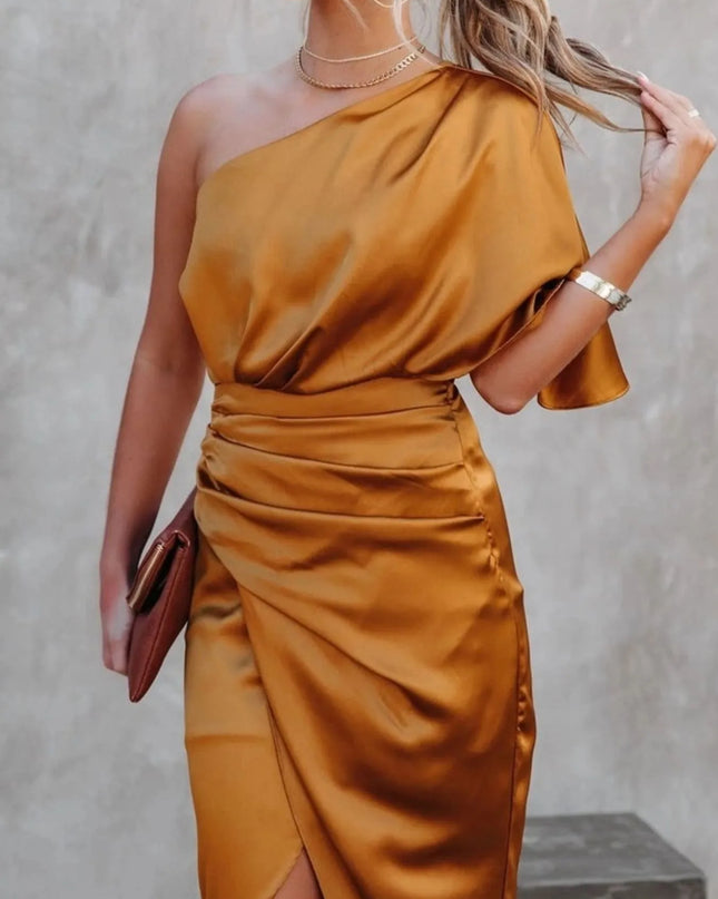 One-Shoulder Satin Wrap Dress with Side Slit