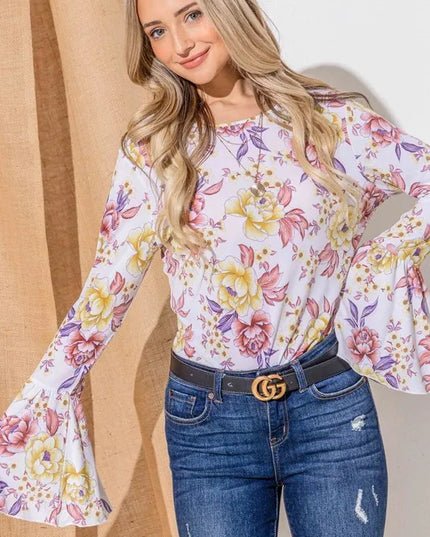And The Why Floral Printed Bell Sleeve Casual Top 