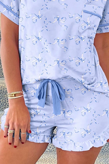 Bow Print Short Sleeve Top and Shorts Pajama Set