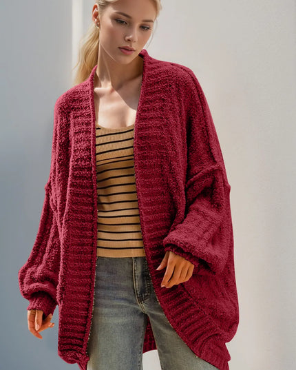 Double Take Full Size Open Front Long Sleeve Cardigan Deep Red