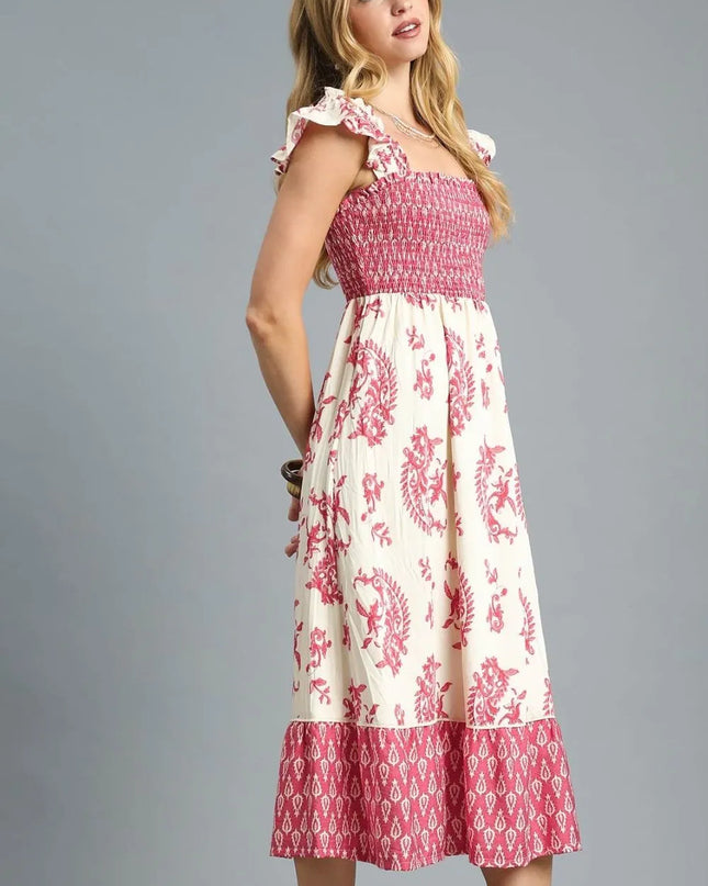 Umgee Printed Smocked Midi Dress with Ruffle Details