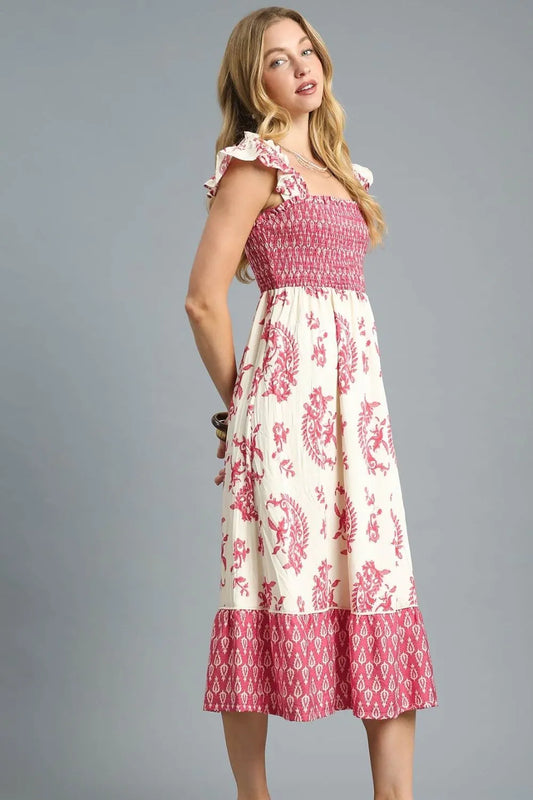 Umgee Printed Smocked Midi Dress with Ruffle Details