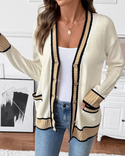 Contrast Trim Button Up Knit Cardigan
