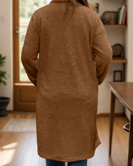 Full Size One Button Long Sleeve Longline Plush Coat