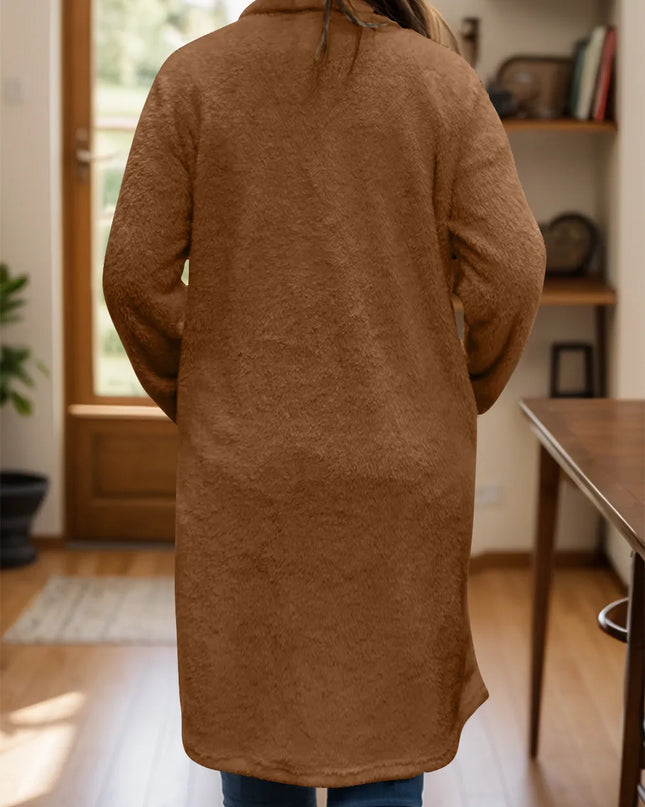 Full Size One Button Long Sleeve Longline Plush Coat